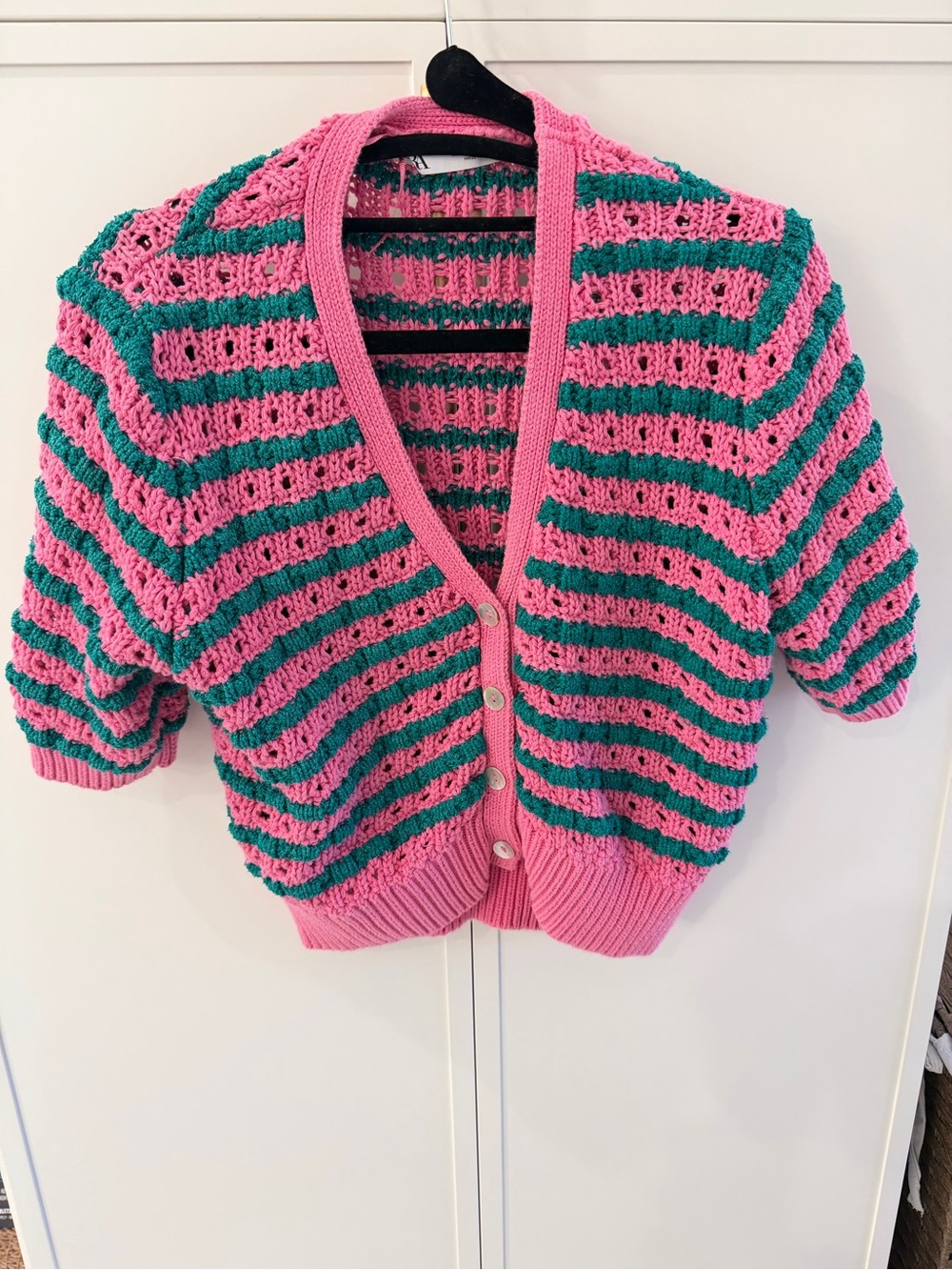 Zara Pink and Teal Striped Crochet Knit Button-Front Cardigan cropped
